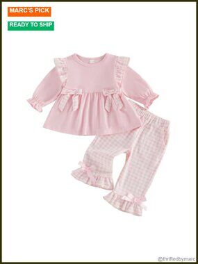 Toddler Girl Fall Winter Outfit Set Long Sleeve Ruffle Top Plaid Pants 95%